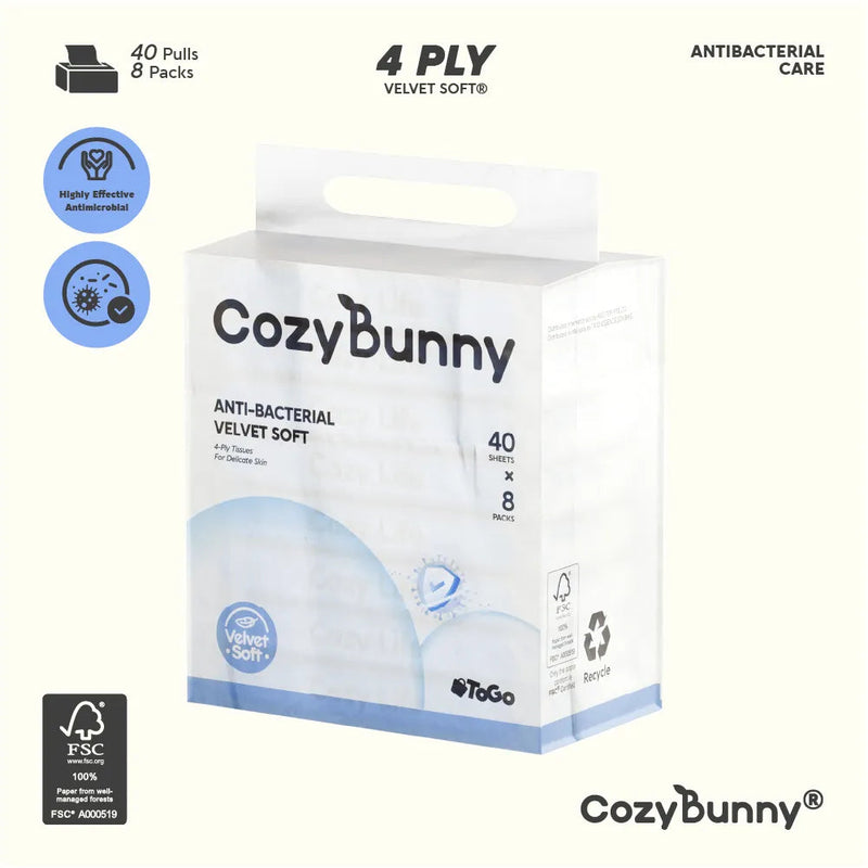 CozyBunny Velvet Soft Pocket Facial Tissues To-Go 8 Packs x 40 Sheets (4 Ply) Cozy Bunny