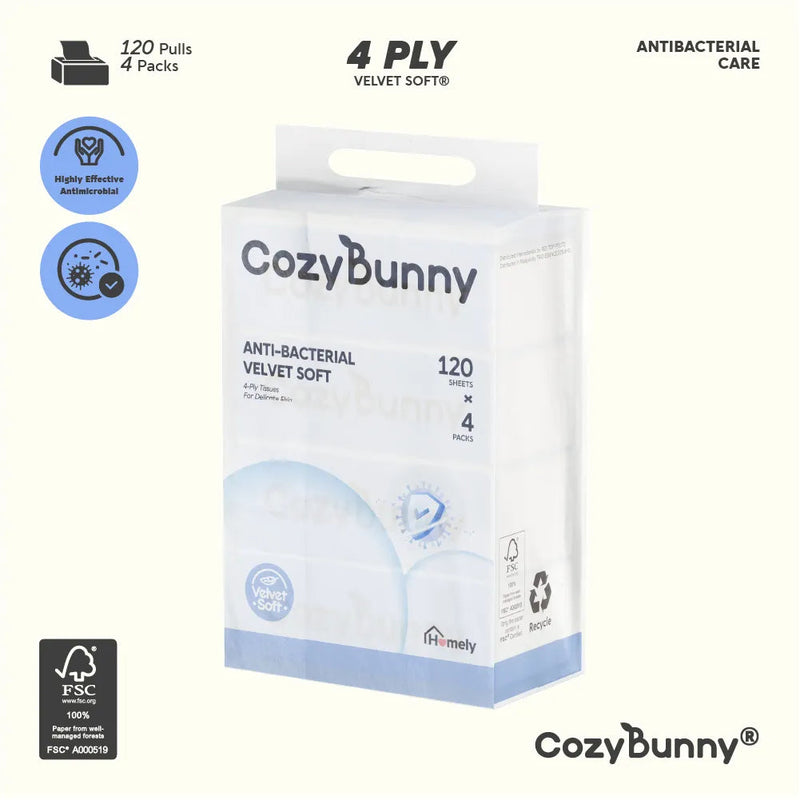 CozyBunny Velvet Soft Antibacterial Facial Tissues (Homely) 4 Packs x 120 Sheets (4 Ply) Cozy Bunny