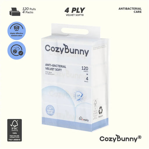 CozyBunny Velvet Soft Antibacterial Facial Tissues (Homely) 4 Packs x 120 Sheets (4 Ply) Cozy Bunny