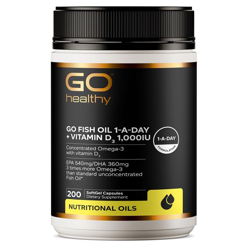 GO Healthy Fish Oil 1-A-Day + Vitamin D3 1,000IU 200 Capsules Go Healthy